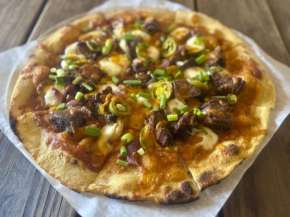 One of Rolling Oven’s two pizzas, the Bourbon BBQ Brisket.