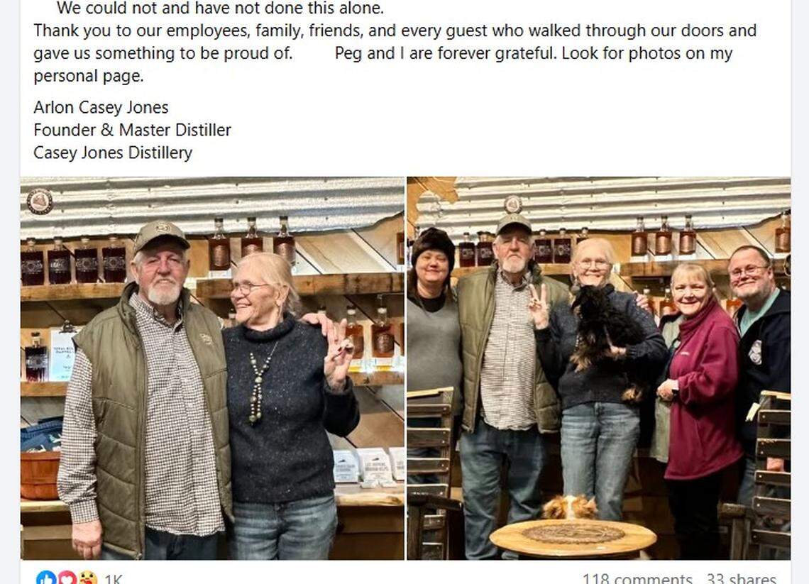 Casey Jones Distillery founders Arlon Casey “AJ” Jones and his wife, Peg Hays, in photo on left, posted on Facebook that they spent their last days as owners of the Hopkinsville bourbon and moonshine distillery, which has been sold to B3 Beverage Company. They took a photo with a last group of visitors, right.