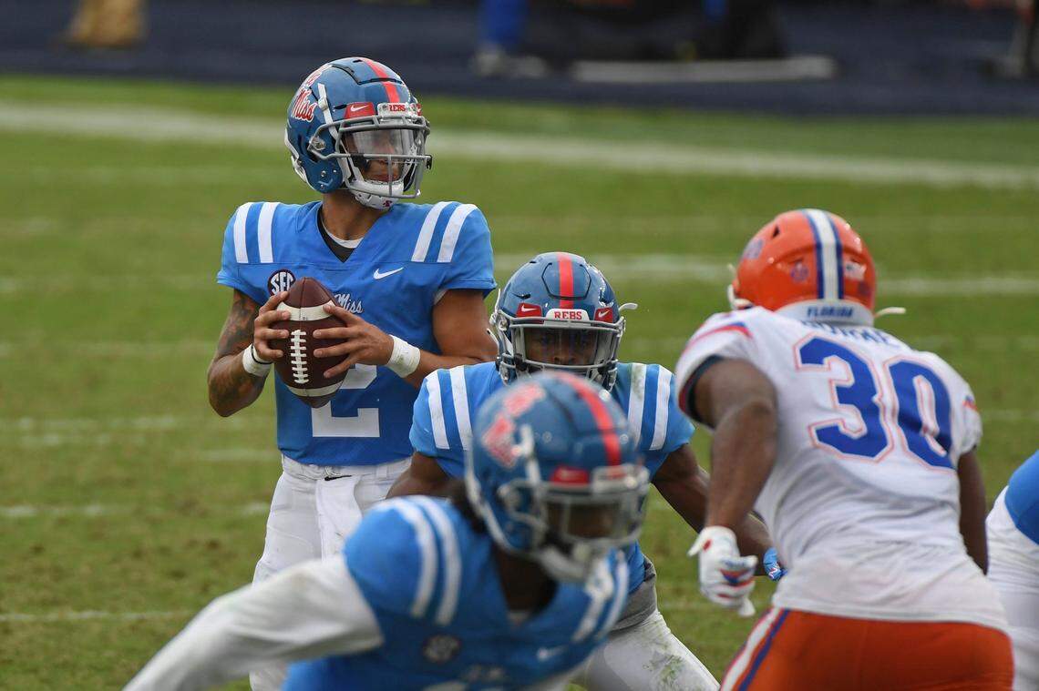 Mississippi quarterback Matt Corral (2) looked to pass during the second half against Florida on Sept. 26.