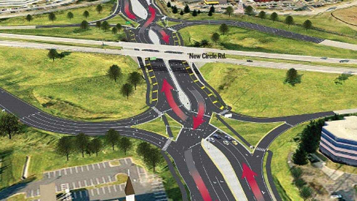 The design for the Harrodsburg Road interchange at New Circle Road, called double crossover diamond, eliminates left turns that require drivers to cross in front of oncoming traffic. Instead, it gives drivers on New Circle Road access to Harrodsburg Road in the left lanes.