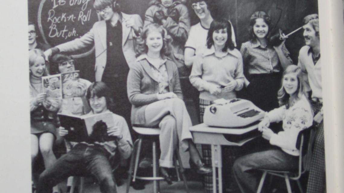 Andra Langston Gyor, whose father worked at IBM, started using a Selectric when she was 9. At Tates Creek High School, she was the typist for the school newspaper, the Masthead. In this photo from the 1975 yearbook, Gyor is seated at the desk. She identified the others, from left, as Janet Staton, Arlene Gerson, Julie Robe and sponsor David White.