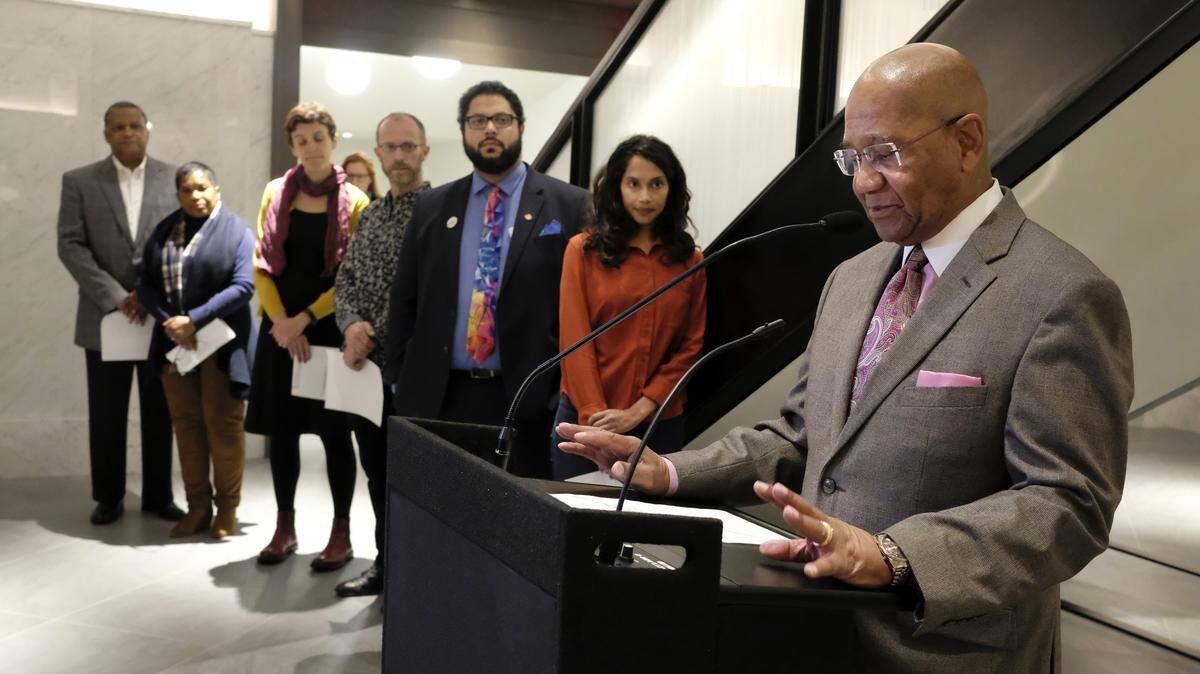 P.G. Peeples, president and CEO of the Urban League of Lexington-Fayette County, was one of several readers who participated Wednesday in a “witnessing” ceremony marking the role of the site where the old Fayette County Courthouse and Cheapside Park now stand as one of the South’s largest slave markets before the Civil War. The ceremony preceeded the unveiling of a panel telling the story of Henry A. Tandy, who was born a slave but became the owner of a masonry company that built the courthouse’s brick infrastructure in 1899.