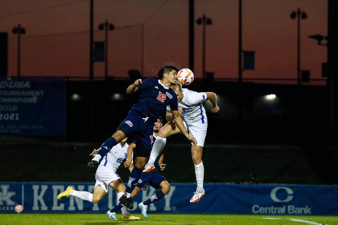 Kentucky forward Eythor Bjorgolfsson (9) heads the ball into the net to score a goal against Ilinois-Chicago during UK men’s soccer’s first home game of the season at the Wendell & Vickie Bell Soccer Complex in Lexington, Ky., Thursday, August 25, 2022. The Bell Complex is a potential destination for LSC to play its home matches this season.