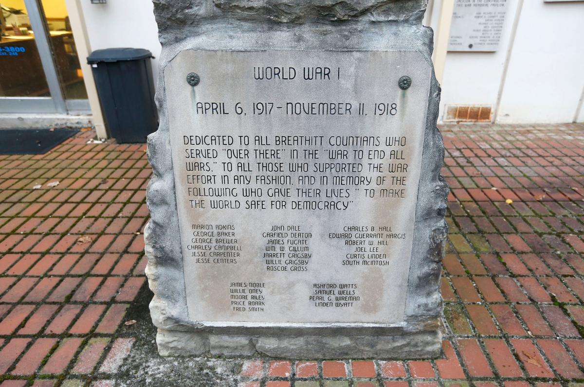 A monument honoring World War I soldiers stands by the Breathitt County Courthouse in Jackson, Ky. During World War I, no men had to be drafted from Breathitt County as the county filled their quota of service men through volunteers.