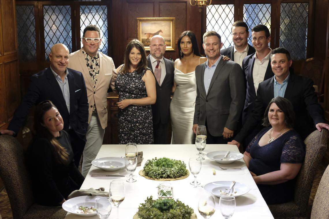 “Top Chef” is bringing in loads of guests for the “Kentucky Farewell” episode at Keeneland including, from left, chef Kim Alter, head judge Tom Colicchio, judge Graham Elliot, judge Gail Simmons, chef JD Fratzke, host Padma Lakshmi, chef Bryan Voltaggio, chef David Posey, chef Chris Coomb, chef Gavin Kaysen and chef Ouita Michel.