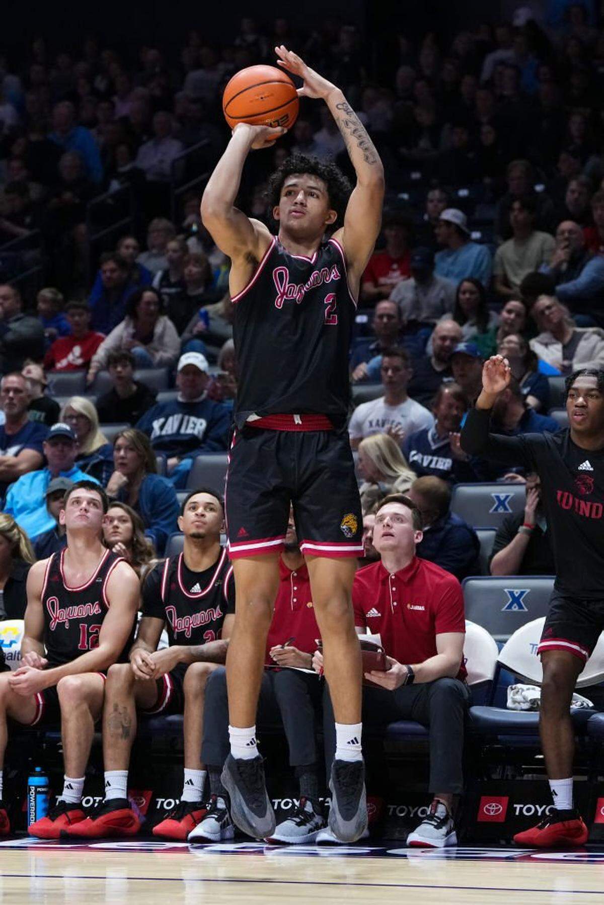 CINCINNATI, OHIO - NOVEMBER 08: DeSean Goode #2 of the Indianapolis Jaguars attempts a shot in the second half against the Xavier Musketeers at the Cintas Center on November 08, 2024 in Cincinnati, Ohio. (Photo by Dylan Buell/Getty Images)