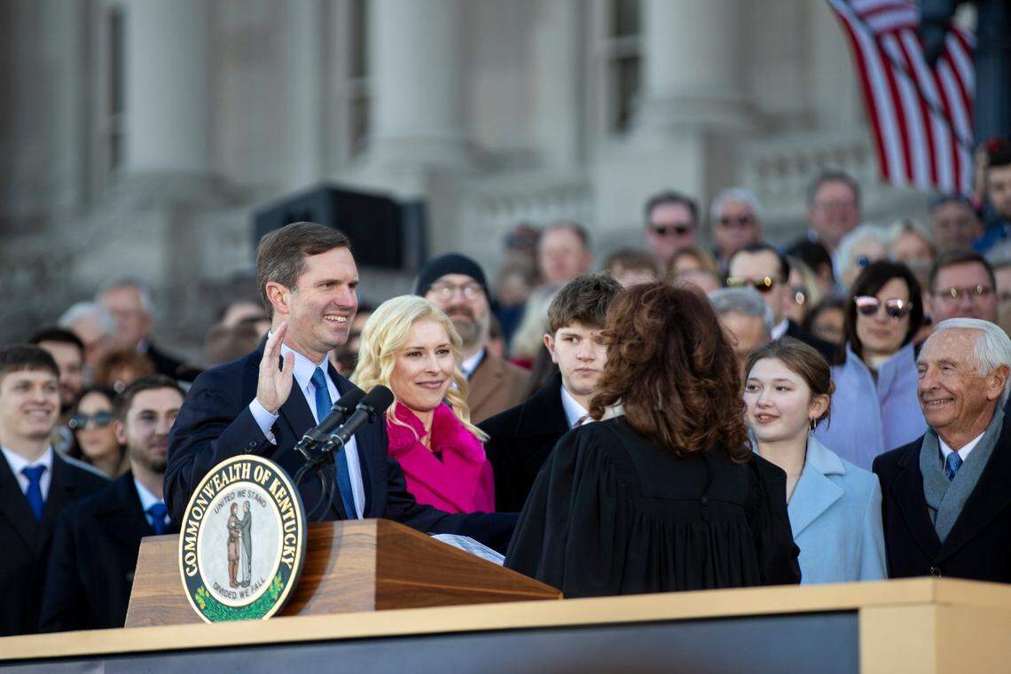 Gov. Andy Beshear is sworn in for his second term during his inauguration ceremony at the Capitol in Frankfort, Ky., December 12, 2023.