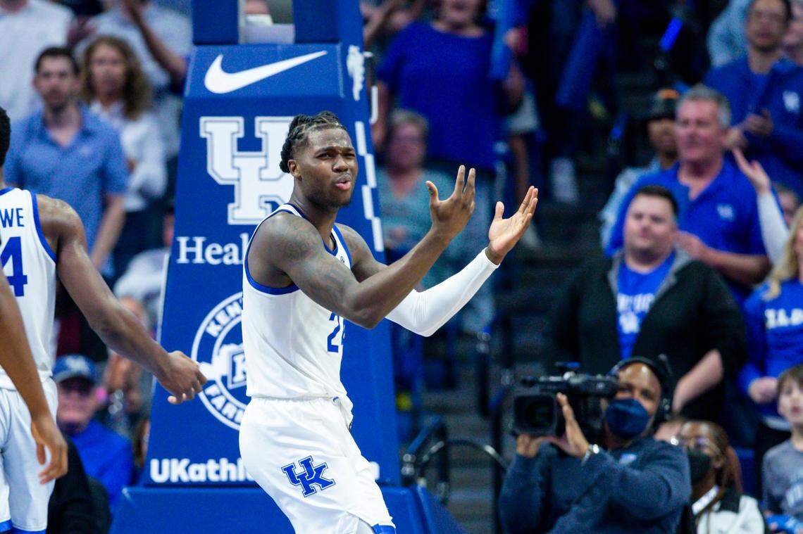 Kentucky forward Chris Livingston reacts to being called for a defensive foul against Vanderbilt during Wednesday’s game at Rupp Arena.