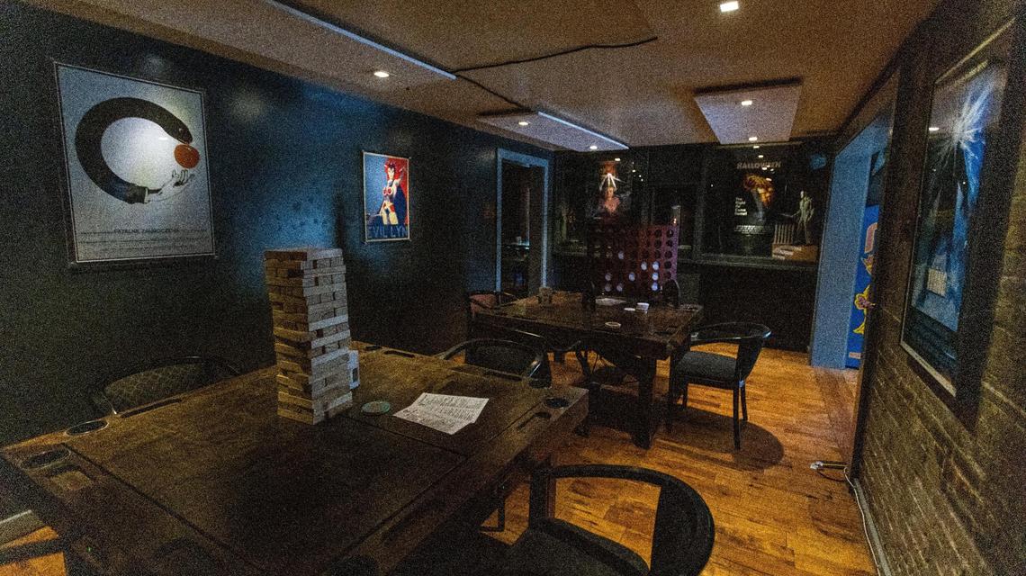 Villainous has custom gaming tables as well as games you can borrow to play, including giant Jenga.