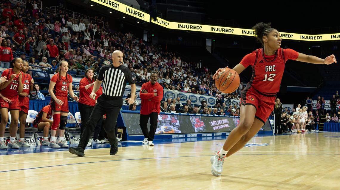 GRC's Teigh Yeast goes for the layup during the 2026 Clark's Pump-N-Shop Girls' Basketball Sweet 16 state final game between Assumption and George Rogers Clark at Rupp Arena on March 14, 2026, in Lexington, Ky.