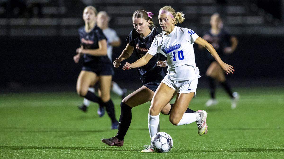 Lexington Catholic's Joanna Bryant (10) scored four goals during the Knight's 5-1 win over Frederick Douglass in the 11th Region girls' soccer semifinals Thursday, Oct. 16, 2025 at Scott County High School in Georgetown, Ky.