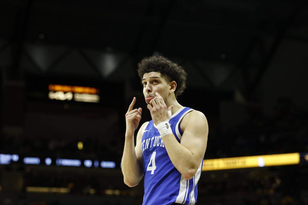 Mar 8, 2025; Columbia, Missouri, USA; Kentucky Wildcats guard Koby Brea (4) shows fake tears after the game against the Missouri Tigers at Mizzou Arena. Mandatory Credit: Gary Rohman-Imagn Images