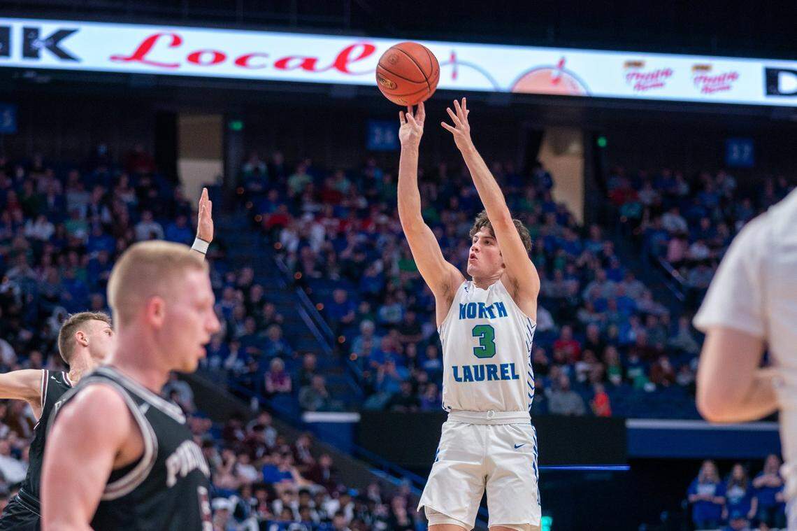 North Laurel’s Reed Sheppard (3) shoots the ball during last season’s Sweet 16 state tournament. Sheppard is about to begin his final high school season with North Laurel, which was eliminated in the first round in Rupp Arena last season.