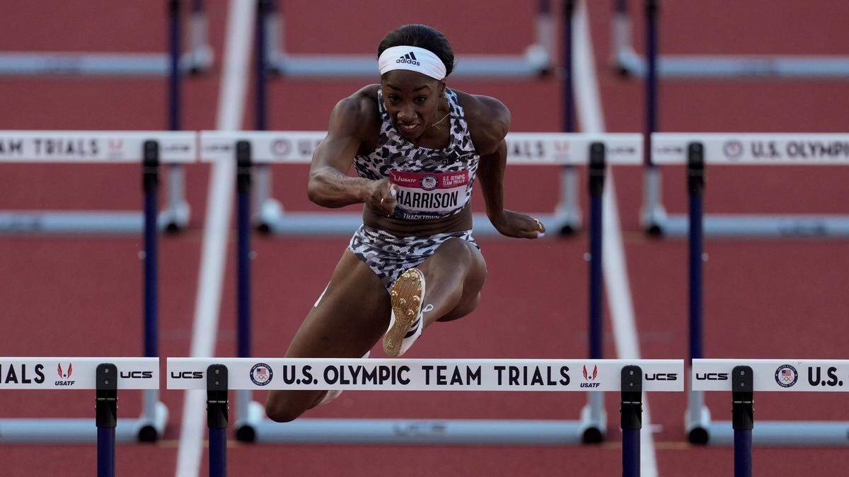 Keni Harrison prevailed in the second semifinal heat in the women’s 100-meter hurdles at the U.S. Olympic Trials on Sunday in Eugene, Ore.