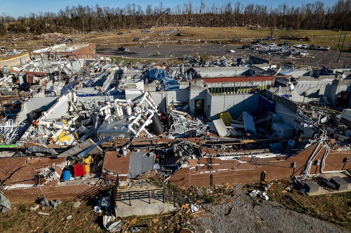 The Grain and Forage Center of Excellence at the University of Kentucky Research and Education Center was damaged by a powerful tornado in December 2021.