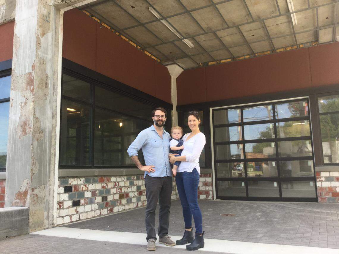 Tim Wright and Greta Pittard, with their son, Noah, plan to open Wise Bird Cider in the Rickhouse building on the historic Pepper Distillery campus. Construction is under way and they plan to ferment cider over the winter to offer to customers next spring.