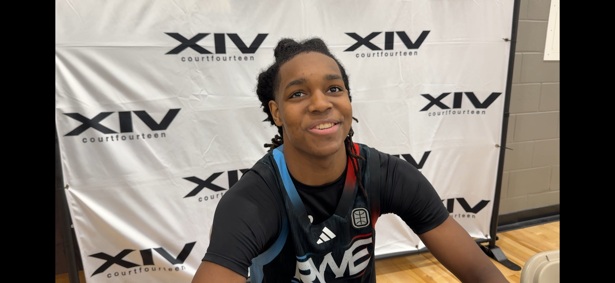 Class of 2025 Kentucky men’s basketball signee Jasper Johnson talks to reporters after playing for the Overtime Elite RWE team on Sunday at Woodford County High School in Versailles.