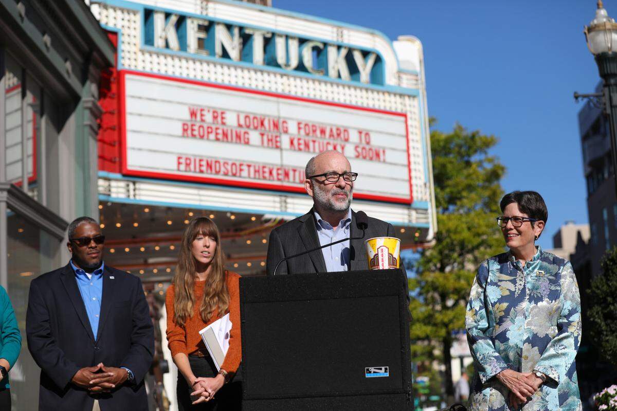 Hayward Wilkirson, co-chair of the Friends of the Kentucky Theatre, speaks during an announcement that Friends of the Kentucky Theatre was selected to be the new management company of the theater on Sept 24, 2021.