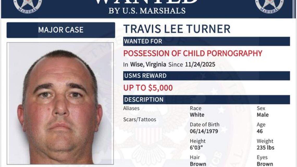 The U.S. Marshals Service is offering a reward of up to $5,000 for Travis Lee Turner, 46, who is wanted on charges of possession of child pornography. He could be armed, according to the U.S. Marshals Service.