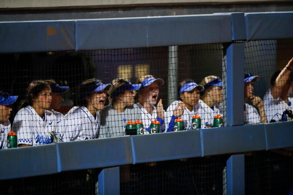 The Kentucky Wildcats softball team cheers on a teammate during an at-bat Oklahoma in a game at John Cropp Stadium on March 22.