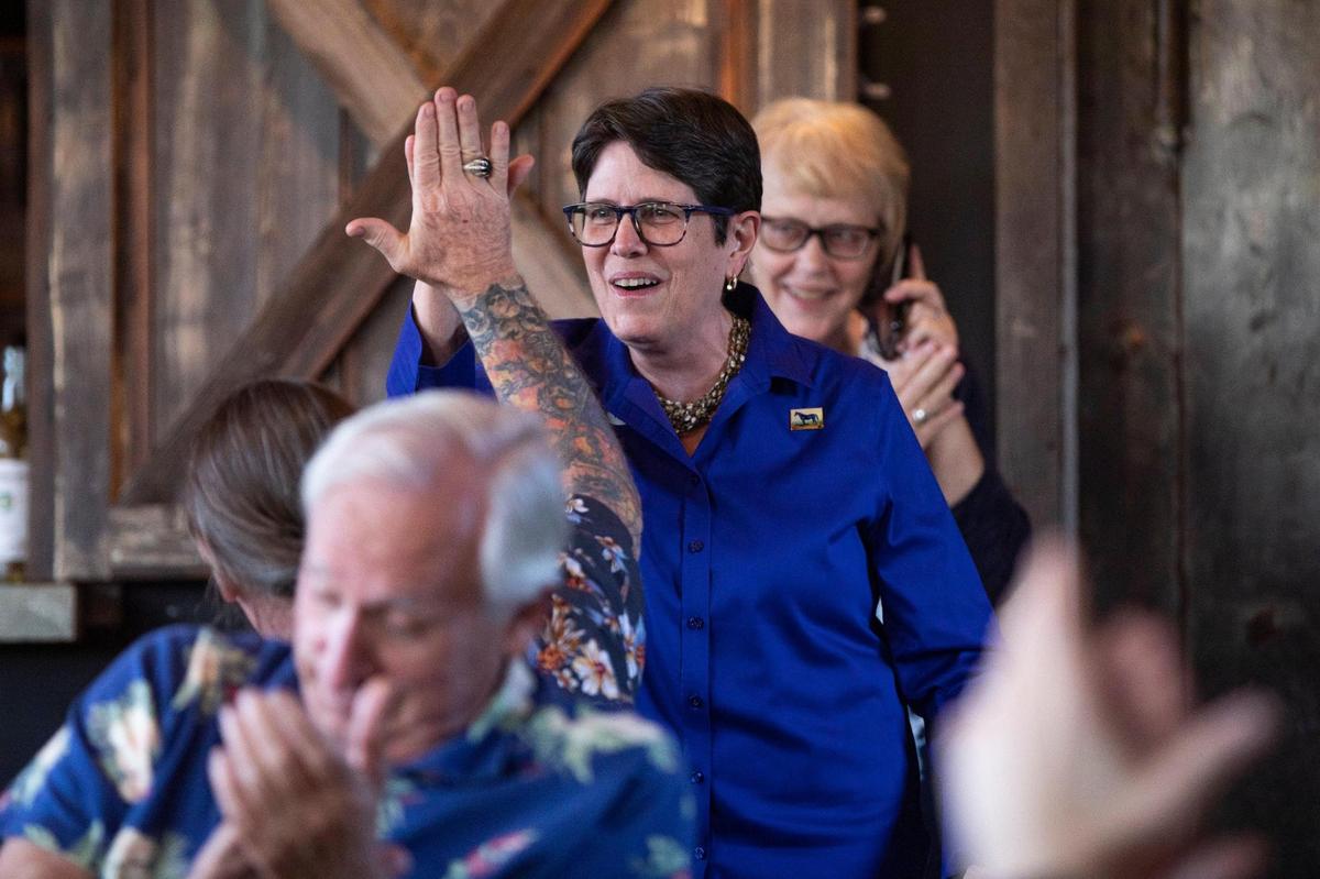 Mayor Linda Gorton reacts to the results that she won reelected in Lexington, Ky., Tuesday, May 17, 2022.