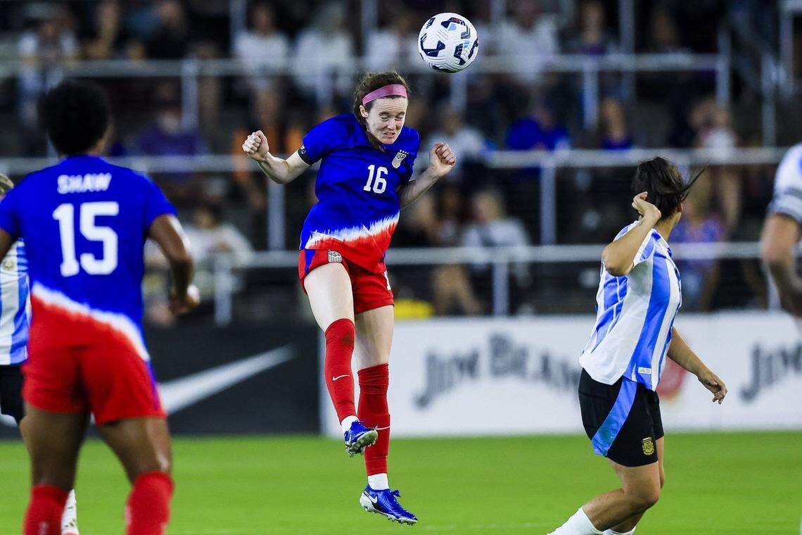 Cincinnati native Rose Lavelle (16) was celebrated Wednesday night for making more than 100 appearances for the U.S. Women’s National Team.