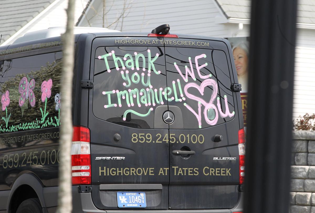 A van with a thank you message to members of Immanuel Baptist Church who staged a drive by parade Friday for residents of Highgrove at Tates Creek senior living community.