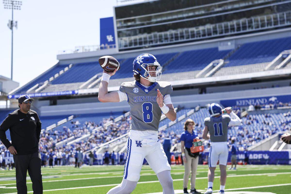 Former Lexington Christian Academy quarterback Cutter Boley (8) has drawn positive reviews for his play during the University of Kentucky’s preseason camp.