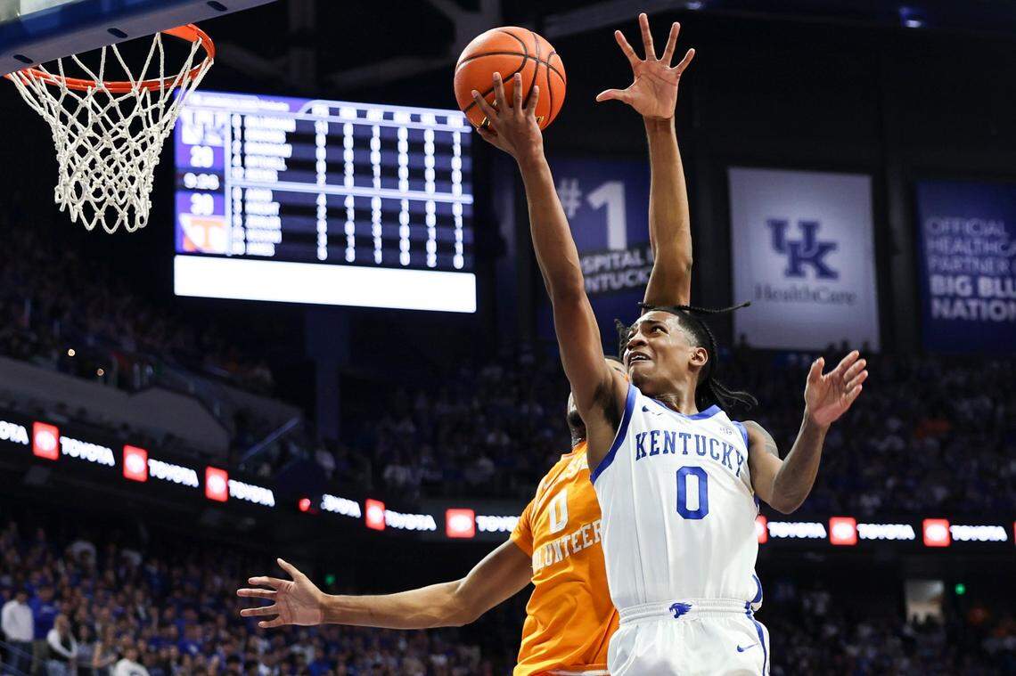 Kentucky guard Rob Dillingham (0) is a projected NBA draft lottery pick later this year. Dillingham has been a volume scorer for UK this season.