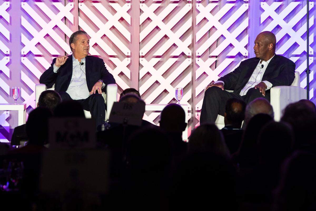 During Wednesday night’s Kentucky Chamber event at the Marriott Louisville Downtown, Kentucky Coach John Calipari, left, and Louisville Coach Kenny Payne, right, talked about the vastly different expectations facing each of their teams this season.
