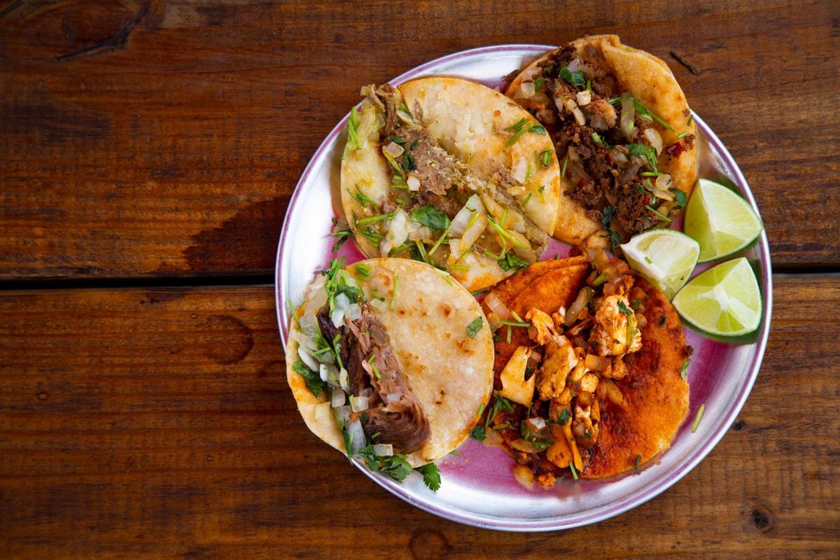 Papi’s Rapido menu will include about a dozen different street tacos, including: (clockwise from top) vegan chorizo, pastor cauliflower, carnitas and chile verde.