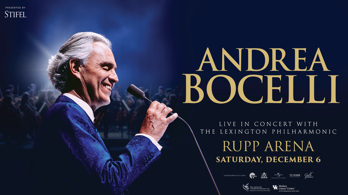 A promotional graphic for Andrea Bocelli’s upcoming concert in Lexington, Kentucky.