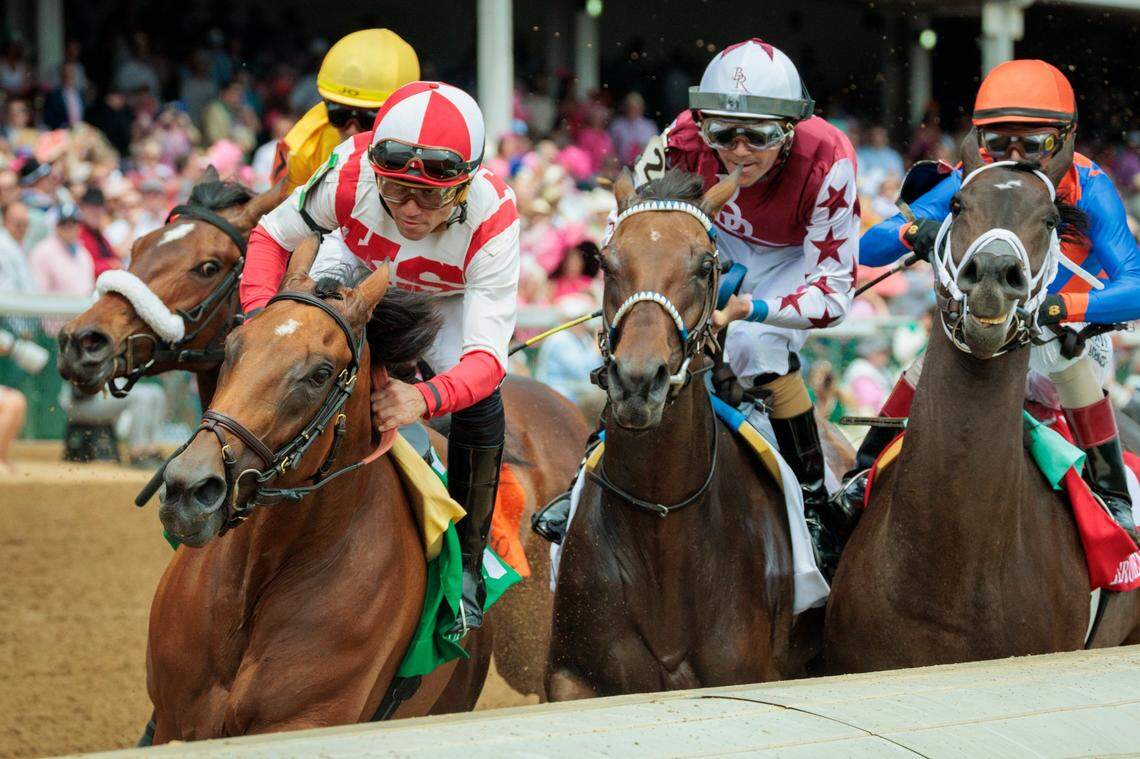 2024 Horse of the Year Thorpedo Anna, second from right, finished last in a field of seven at Churchill Downs on Friday in the $1 million, Grade 1 La Troienne Stakes. Raging Sea was the winner.