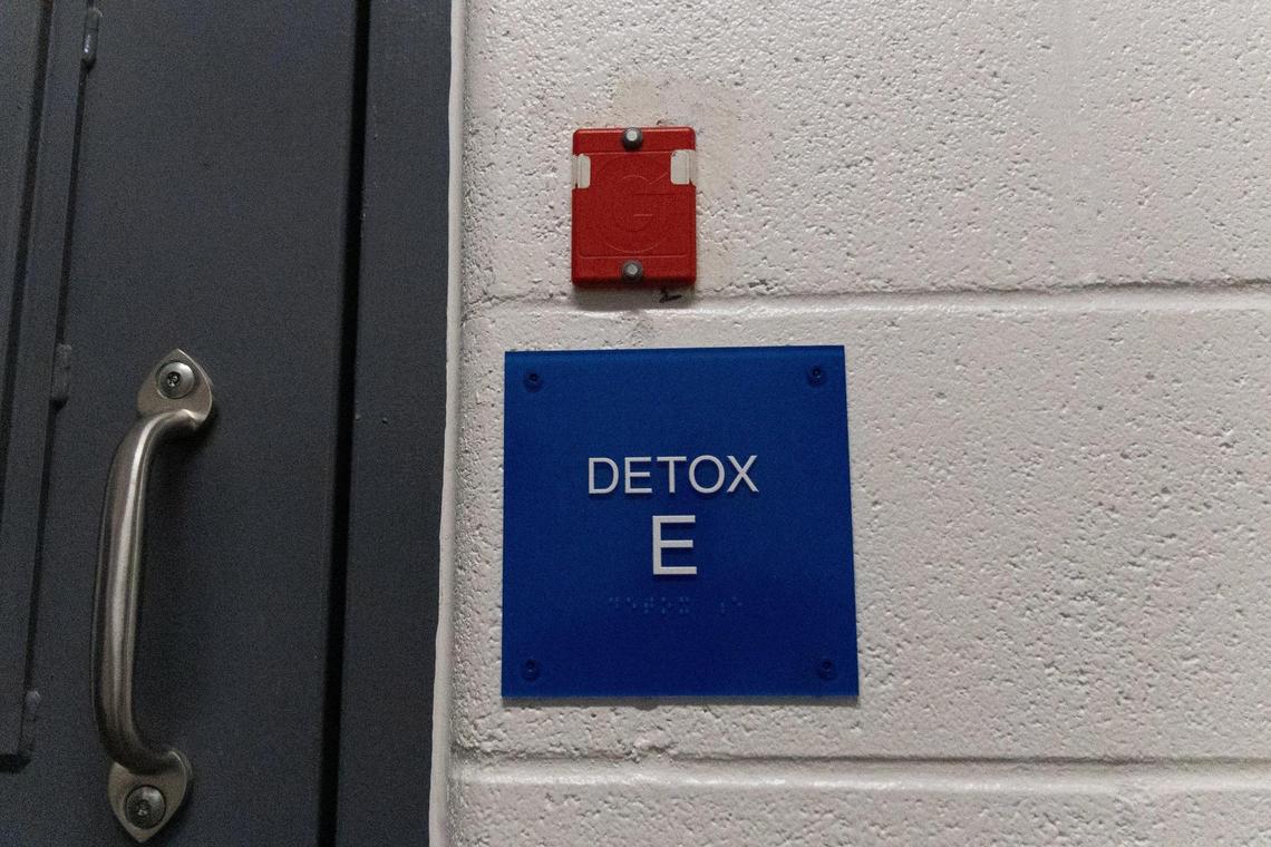 A red label above a room sign scanned by deputies to check conditions of inmates within Laurel County Correctional Center in London, October 29, 2024.