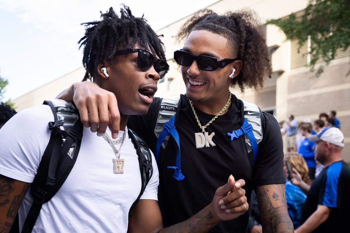 Wide receivers Barion Brown, left, and Dane Key, right, have wowed with potential in two years at Kentucky but lacked consistency.