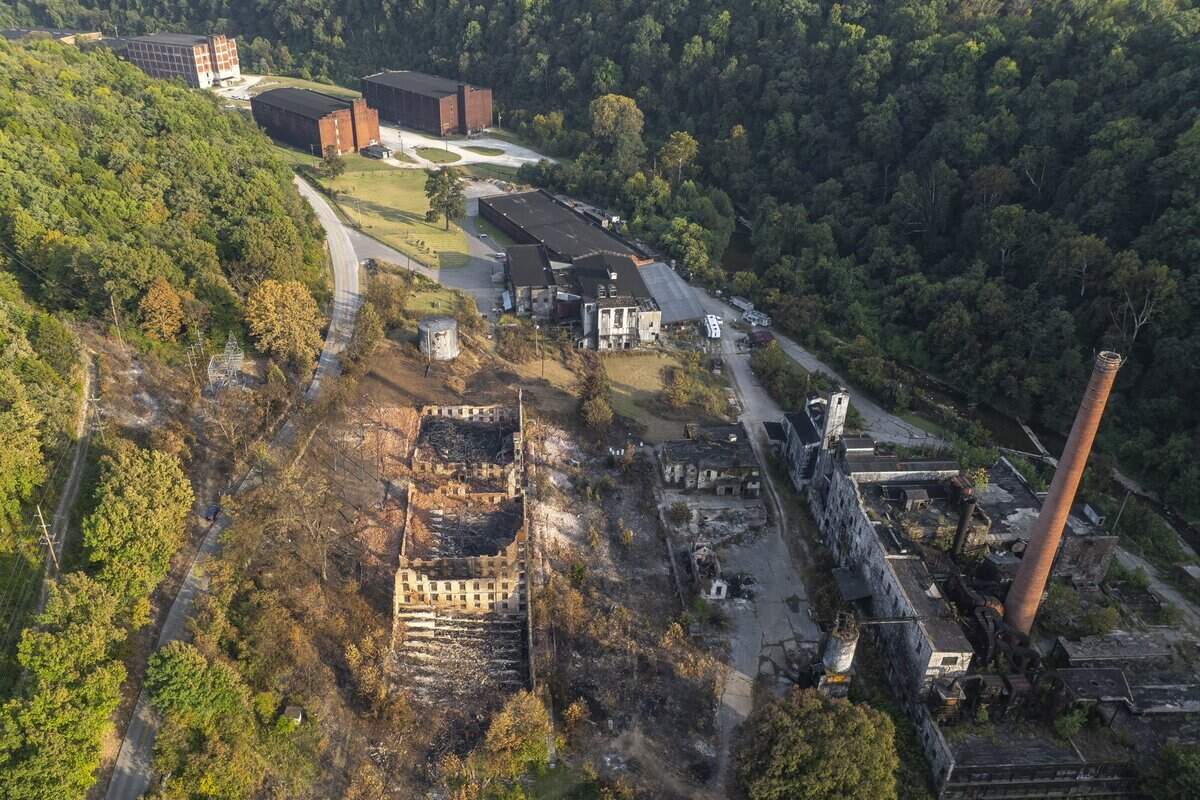 The historic Old Crow Distillery, now home to Glenn's Creek Distilling, along McCracken Pike in Woodford County, Ky., caught fire Wednesday, Sept. 30, 2026.
