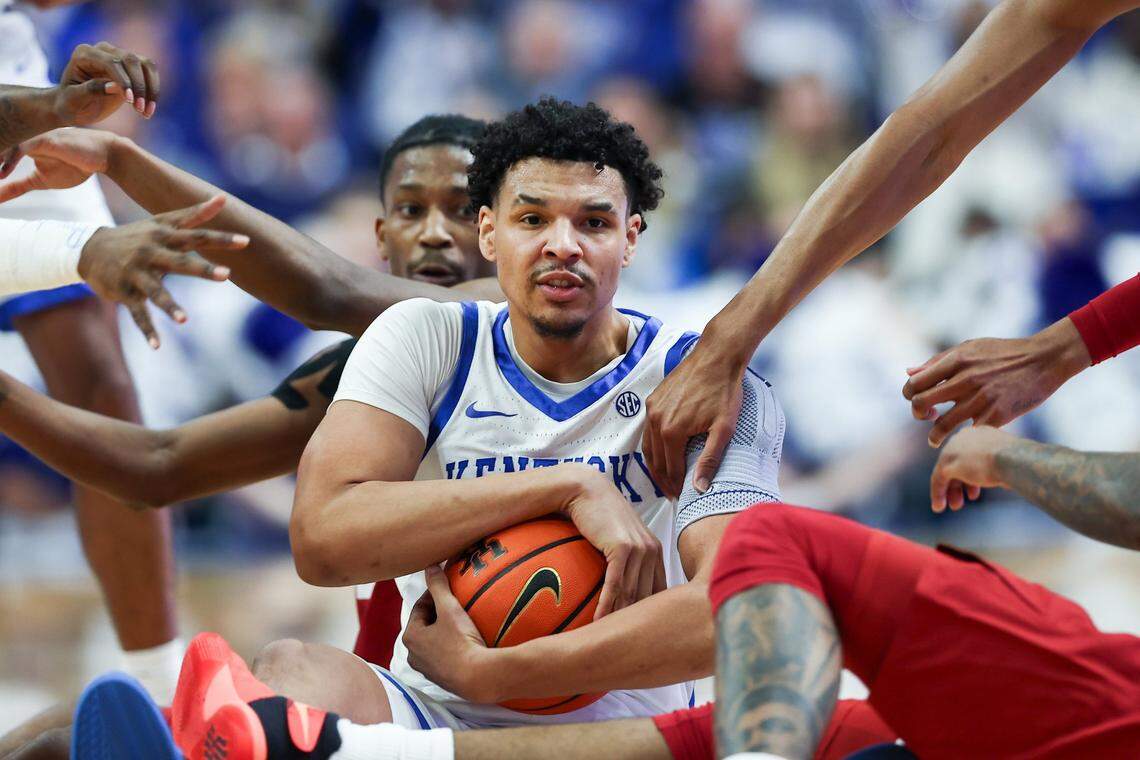 Tre Mitchell tracks down a loose ball during Kentucky’s game against Arkansas on Saturday, March 2, 2024, at Rupp Arena in Lexington, Ky.