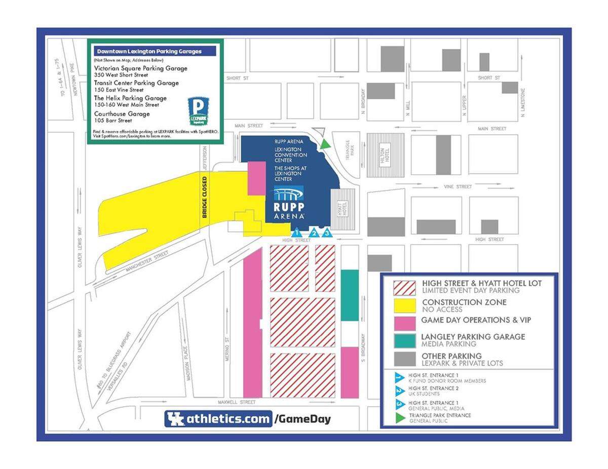 Parking garages available around downtown Lexington for UK game days.