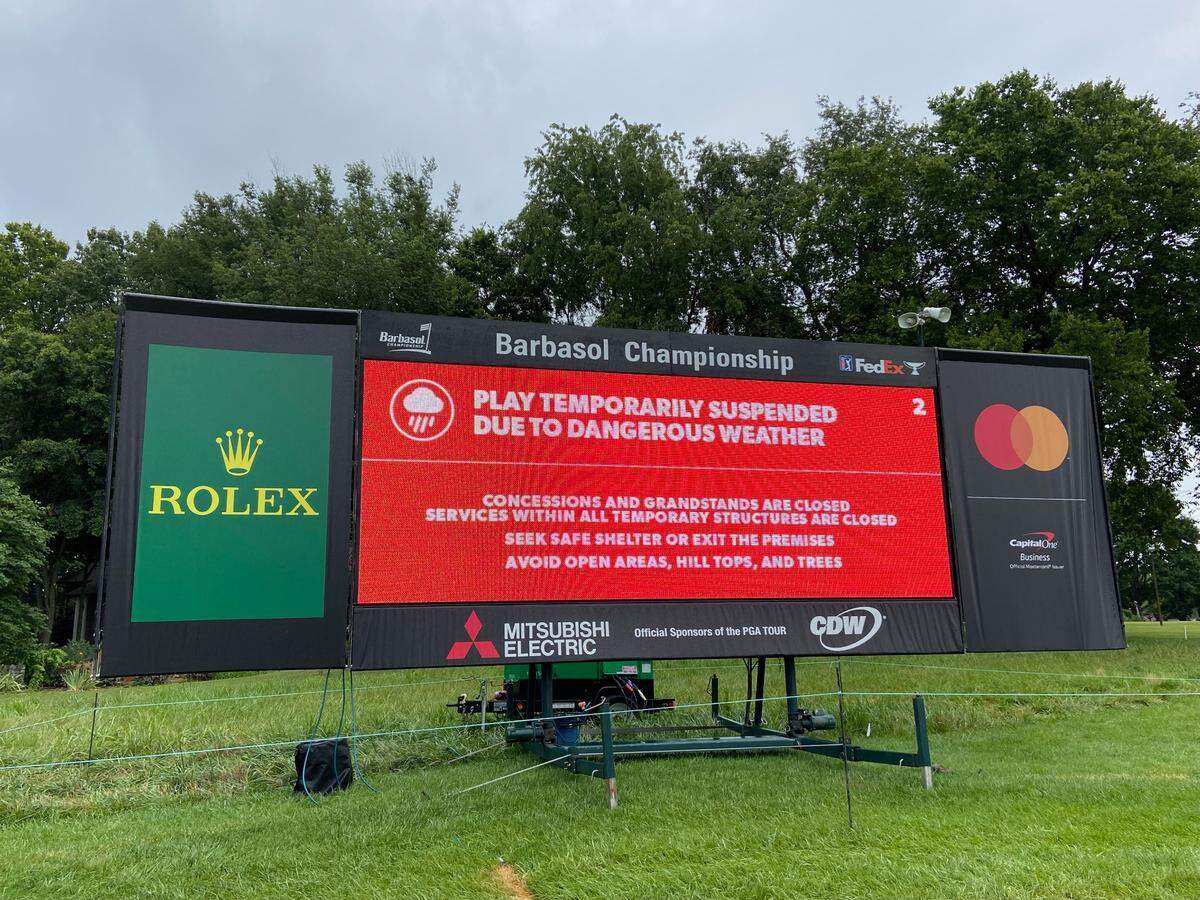Play was suspended in the third round of the Barbasol Championship due to lightning in the area at 9:05 a.m. on Saturday.