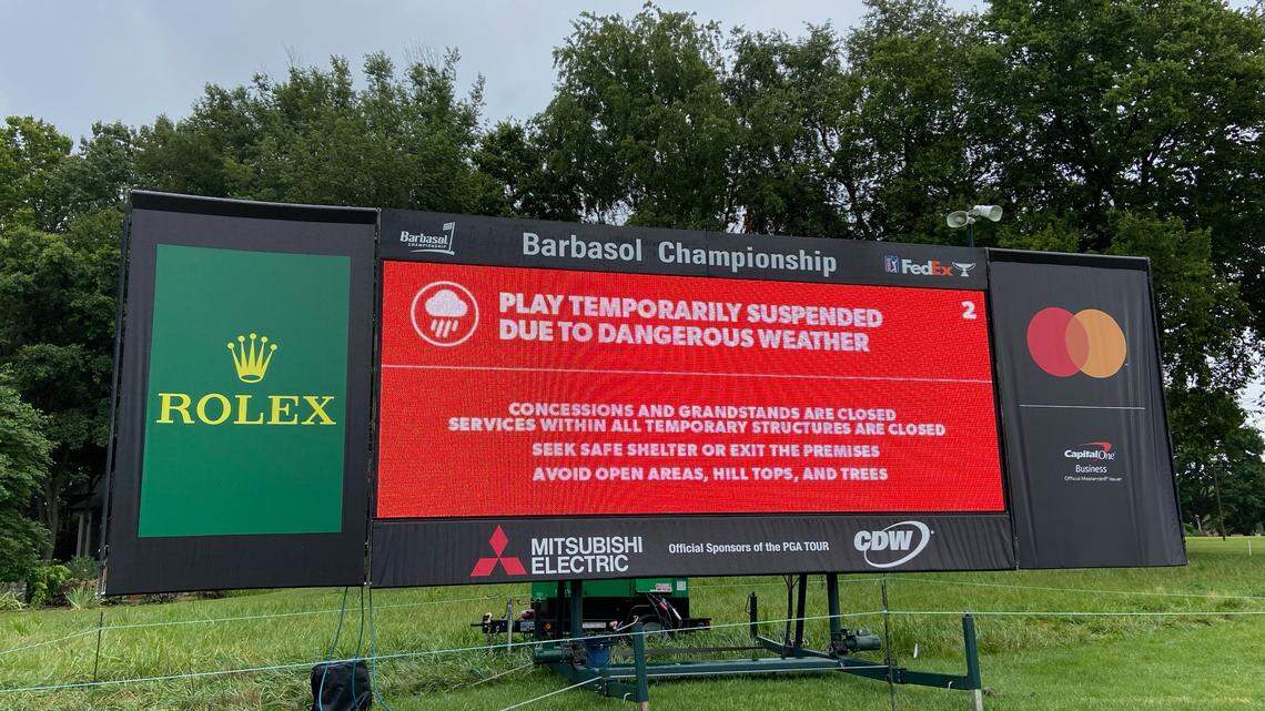 Play was suspended in the third round of the Barbasol Championship due to lightning in the area at 9:05 a.m. on Saturday.
