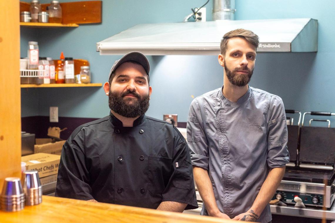 Chefs Nick Amato, from left, and Aaron Craft, opened Yearling Kitchen inside Blue Stallion Brewing.