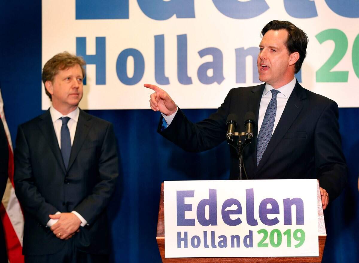 Democrat Adam Edelen announced he is running for governor in 2019 during a news conference held in the The Historic Lexington Courthouse Square on West Main Street in Lexington. Edelen selected Gill Holland, left, to be his running mate for lieutenant governor.