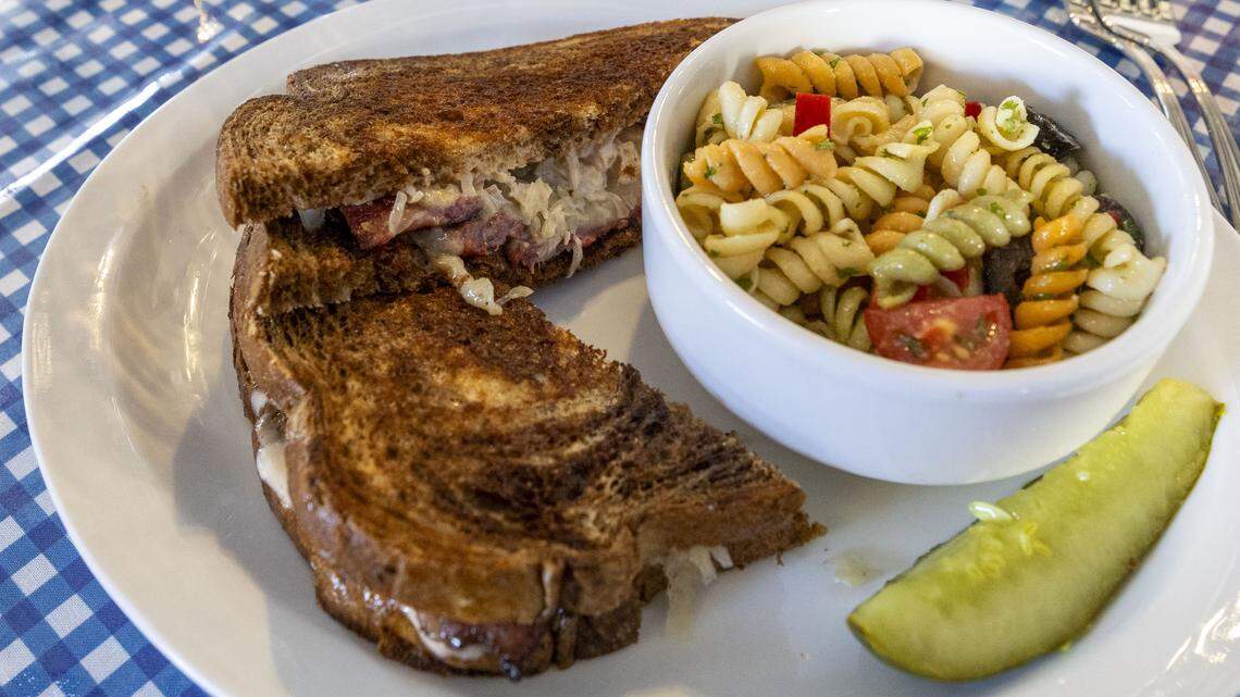 A reuben sandwich ($18), made with house made pastrami and served with a side of pasta salad at the Black Squirrel.