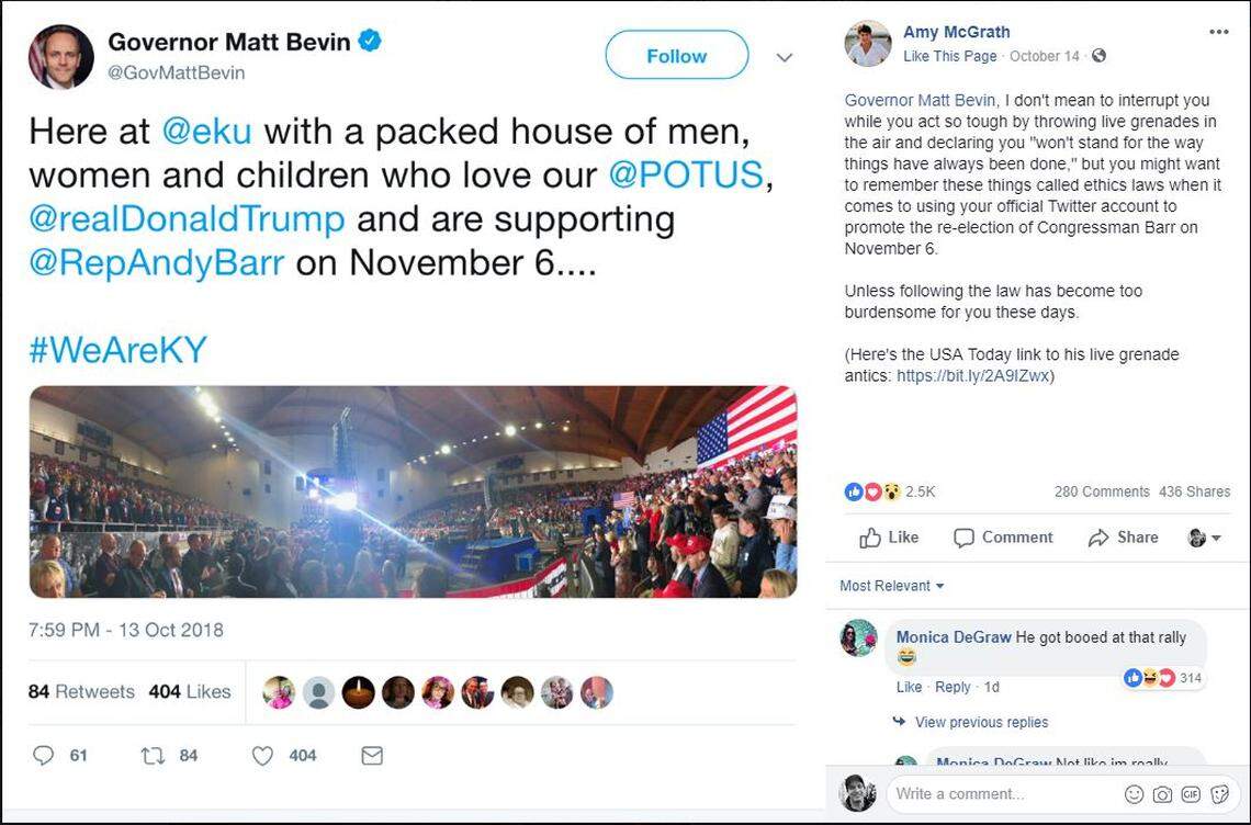A screen shot of a tweet posted by Kentucky Gov. Matt Bevin on his official state Twitter account.