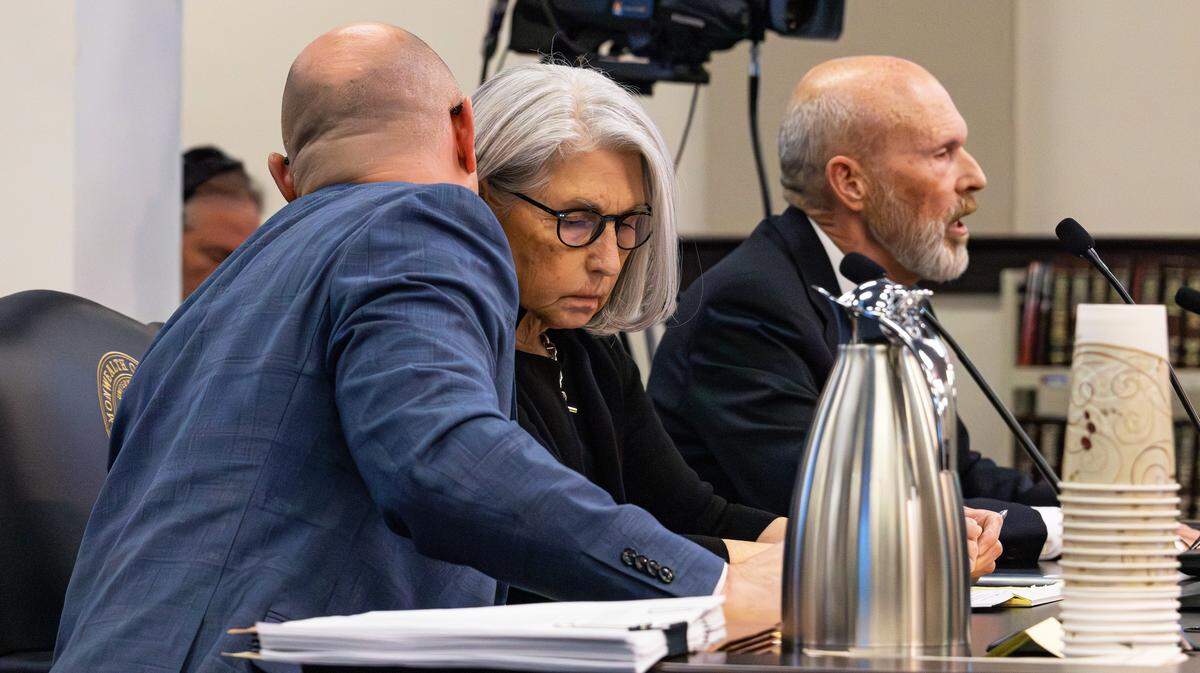 Fayette County Judge Julie Goodman’s attorney, Mitchel Denham sharing information as attorney Robert McBride speaks on her behalf to the impeachment committee in room 131 at the Capitol Annex Building in Frankfort, Ky, on March 16, 2026.