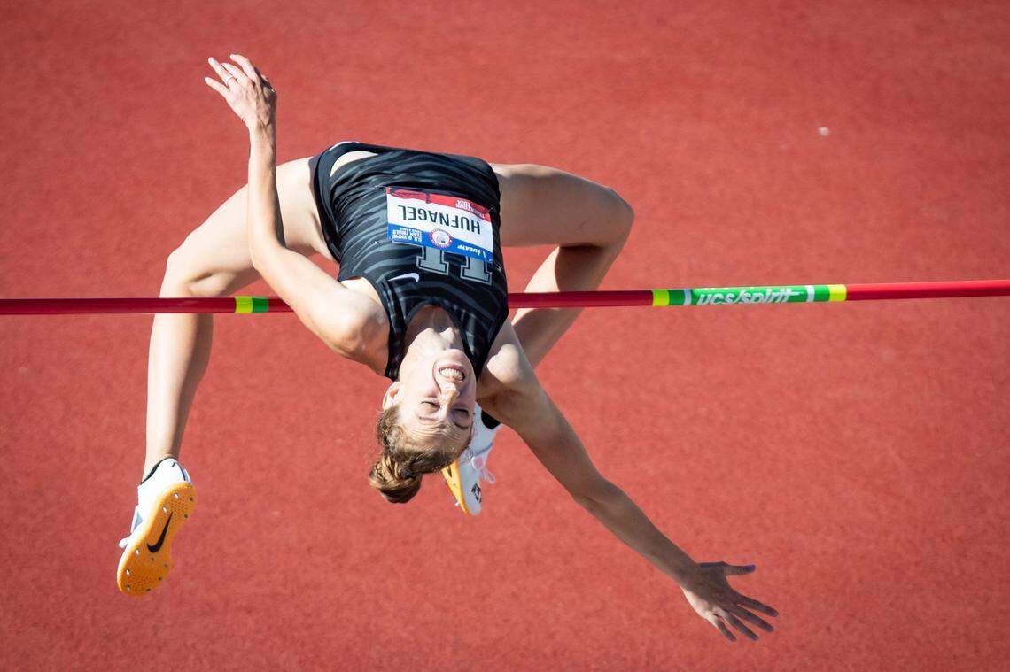 Charity Hufnagel did not miss during the five jumps it took to win the gold medal but failed to clear the Olympic qualifying height in three subsequent attempts Monday.