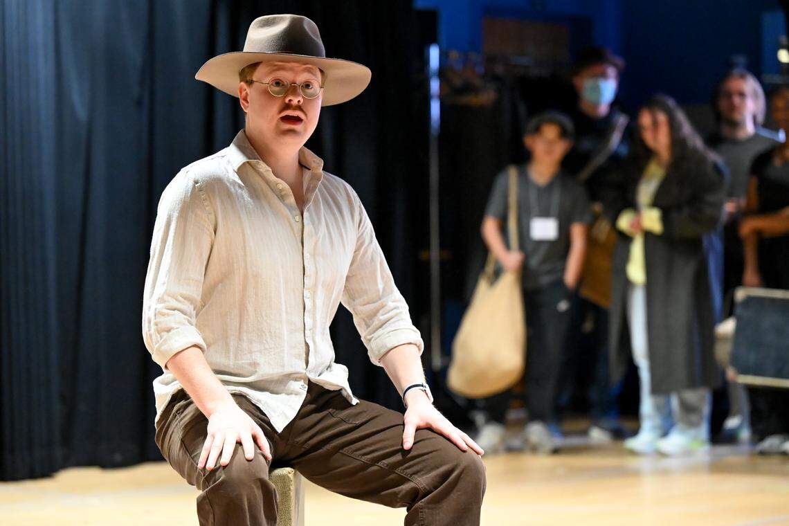 Dylon Crain leads the opening scene of "A Nation of Others." The University of Kentucky Opera Theatre presents the world premiere of "A Nation of Others," an opera by Paul Moravec with a libretto by Mark Campbell. This photo was taken at a rehearsal February 28, 2026 in the Schmidt Vocal Arts Center on the University of Kentucky Campus in Lexington, Kentucky.