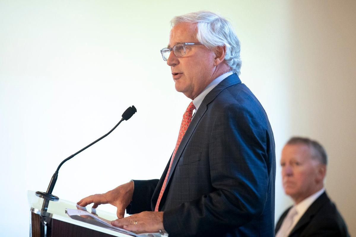 Craig Fravel, President and CEO of the Breeders’ Cup, speaks at a press conference at the Old Fayette County Court House in Lexington, Ky., Tuesday, Sept. 3, 2019.