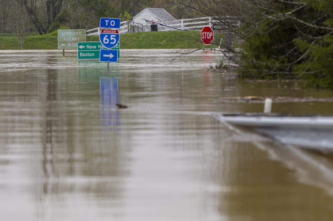 Exit 10 along the Bluegrass Parkway in Nelson County, Ky., is flooded Sunday, April 6, 2025.