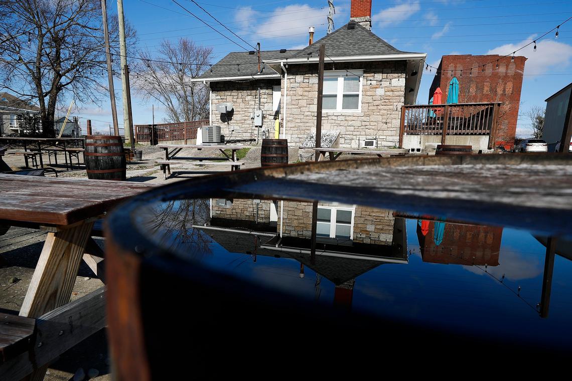 The patio surrounded by string lights, picnic tables and a fire pit at Rock House Brewing in Lexington, Ky., Friday, Feb. 14, 2020.